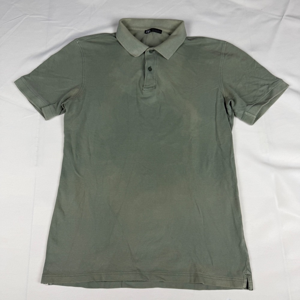 Zara Mens Pique Polo Shirt Short Sleeve Sage Green Faded Wash Size Medium